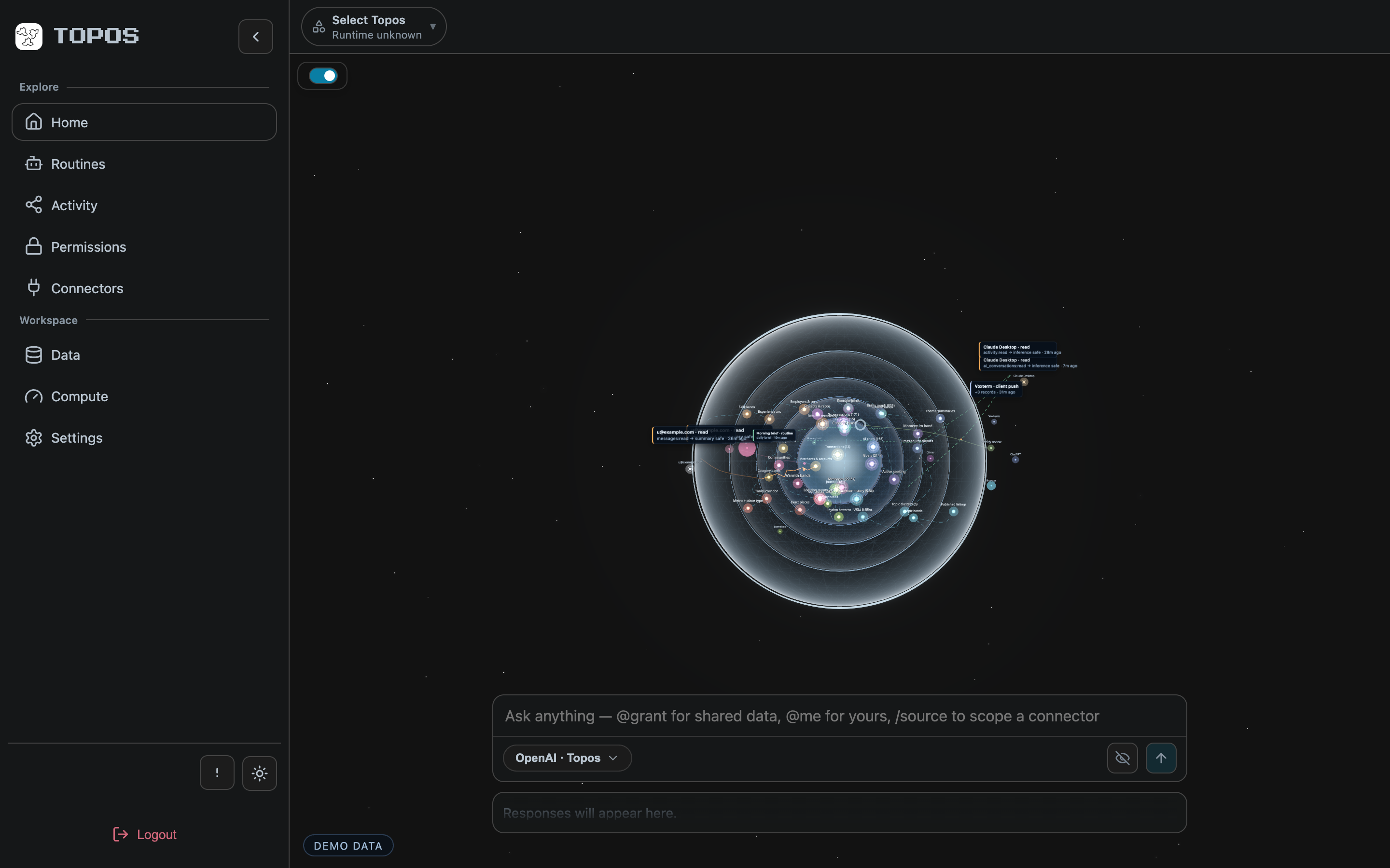TOPOS app home screen showing a layered data globe with connector activity, navigation sidebar, and chat input